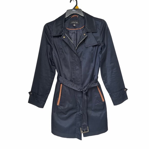 Jones New York Jackets & Blazers - Sz M Womens Jones New York Trench Coat Mid Length Navy Belt Vent Full Zip satin